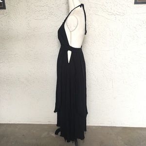 Omnia Halter Long Maxi Dress Women's Small Raw Hem Asymmentical Lagenlook Black
